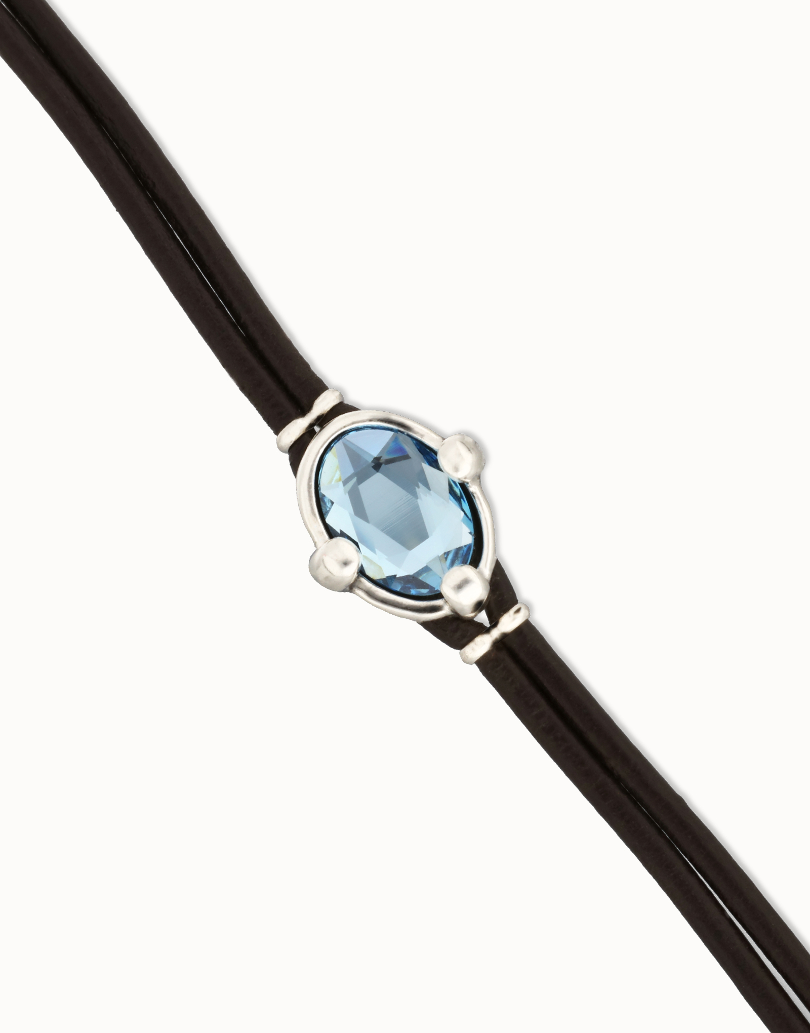 Leather bracelet with blue oval faceted crystal, Silver, large thumbnail